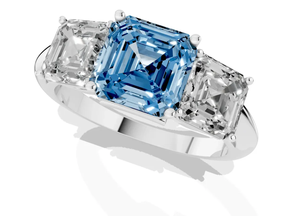 Fancy Blue Three-Stone Asscher Cut Cut Diamond Engagement Ring with Prong Setting on a White Gold Band White gold