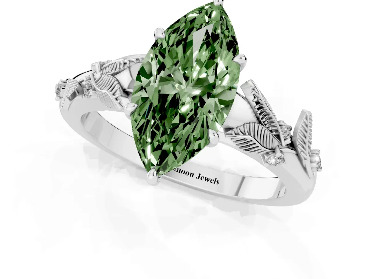 Fancy Green Marquise Cut Diamond Solitaire Ring with Leaf Motif Band and Four-Prong Setting Silver
