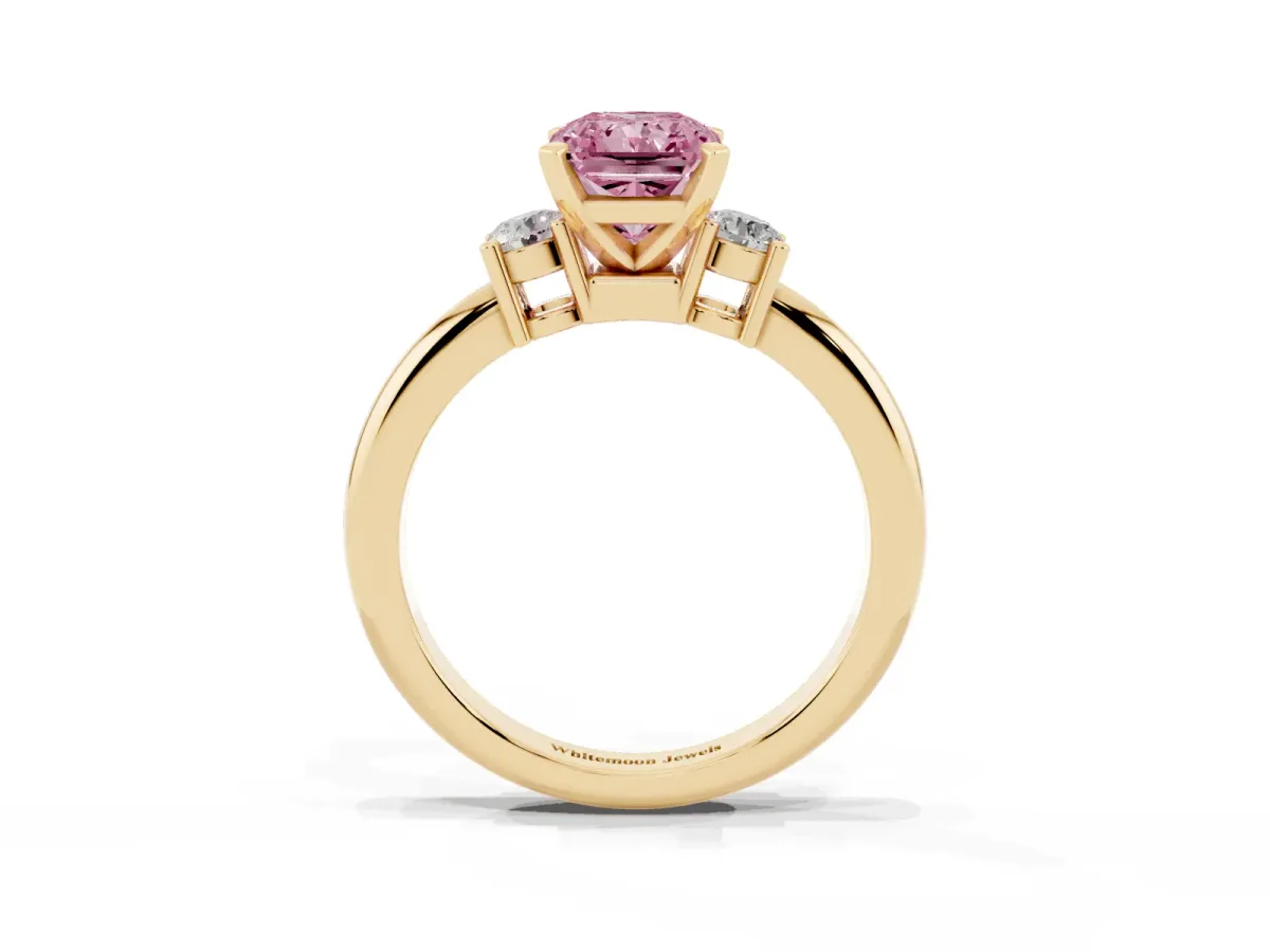 Fancy Pink Three-Stone Radiant Cut Cut Diamond Solitaire with Prong Setting and Classic Band Yellow gold