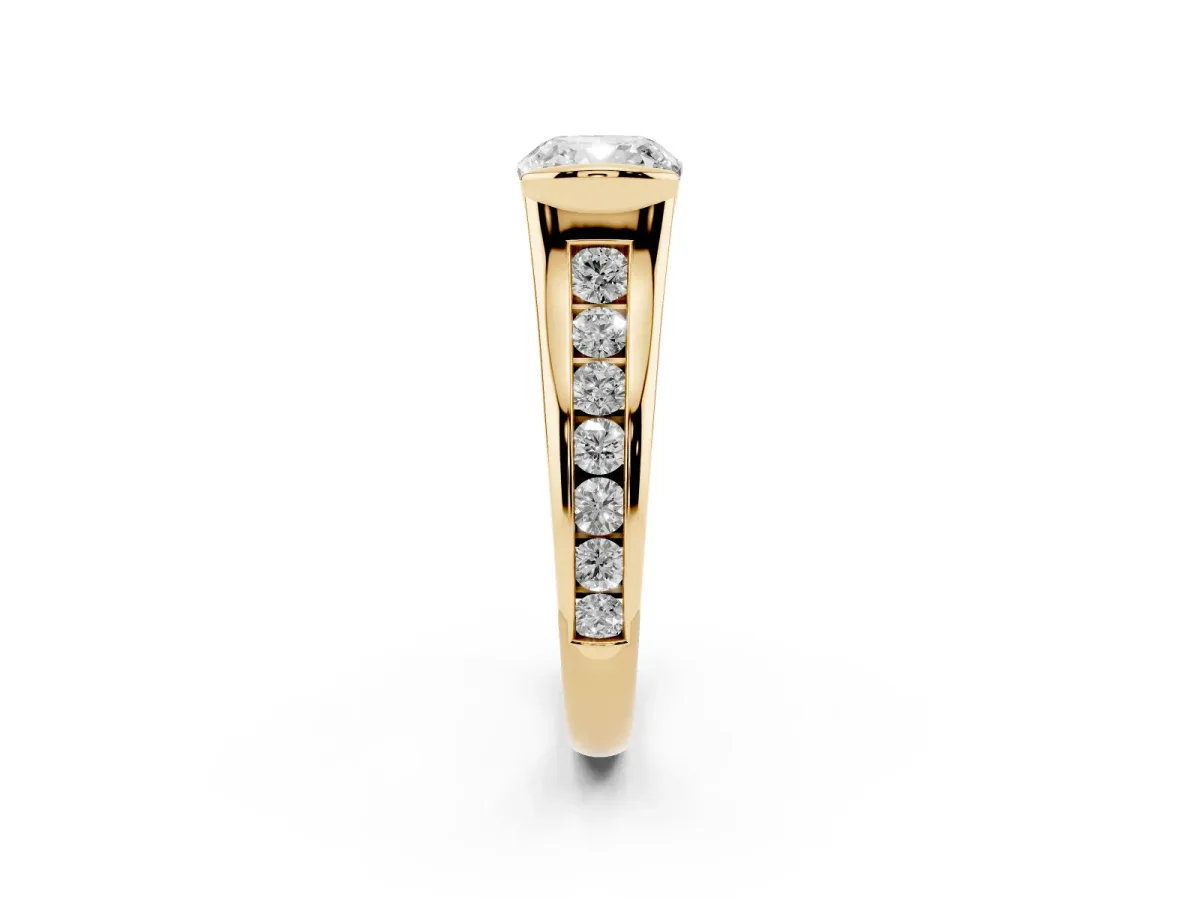 Cushion Cut Solitaire Bezel-Set Diamond Ring with Channel-Set Band Yellow gold