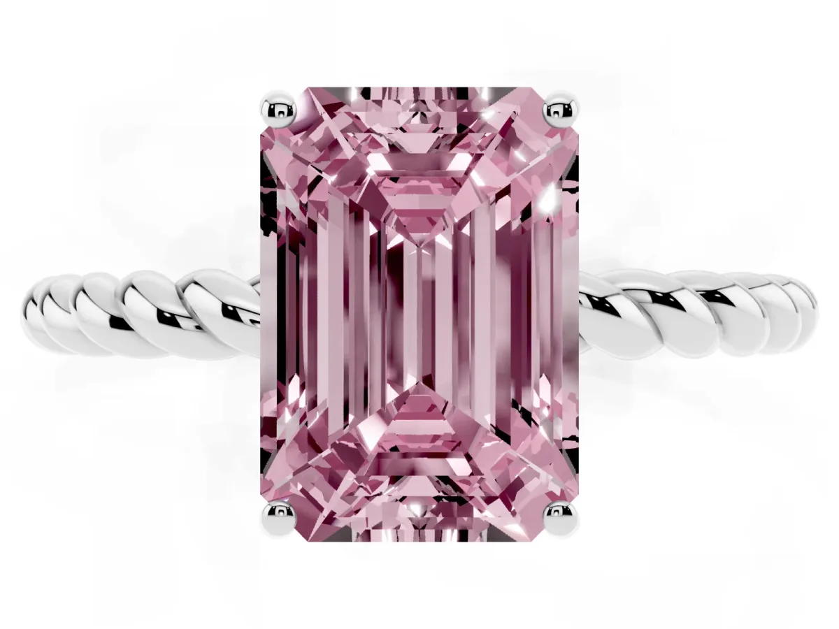 Fancy Pink Emerald Cut Solitaire Twisted Band 4-Prong Ring Silver