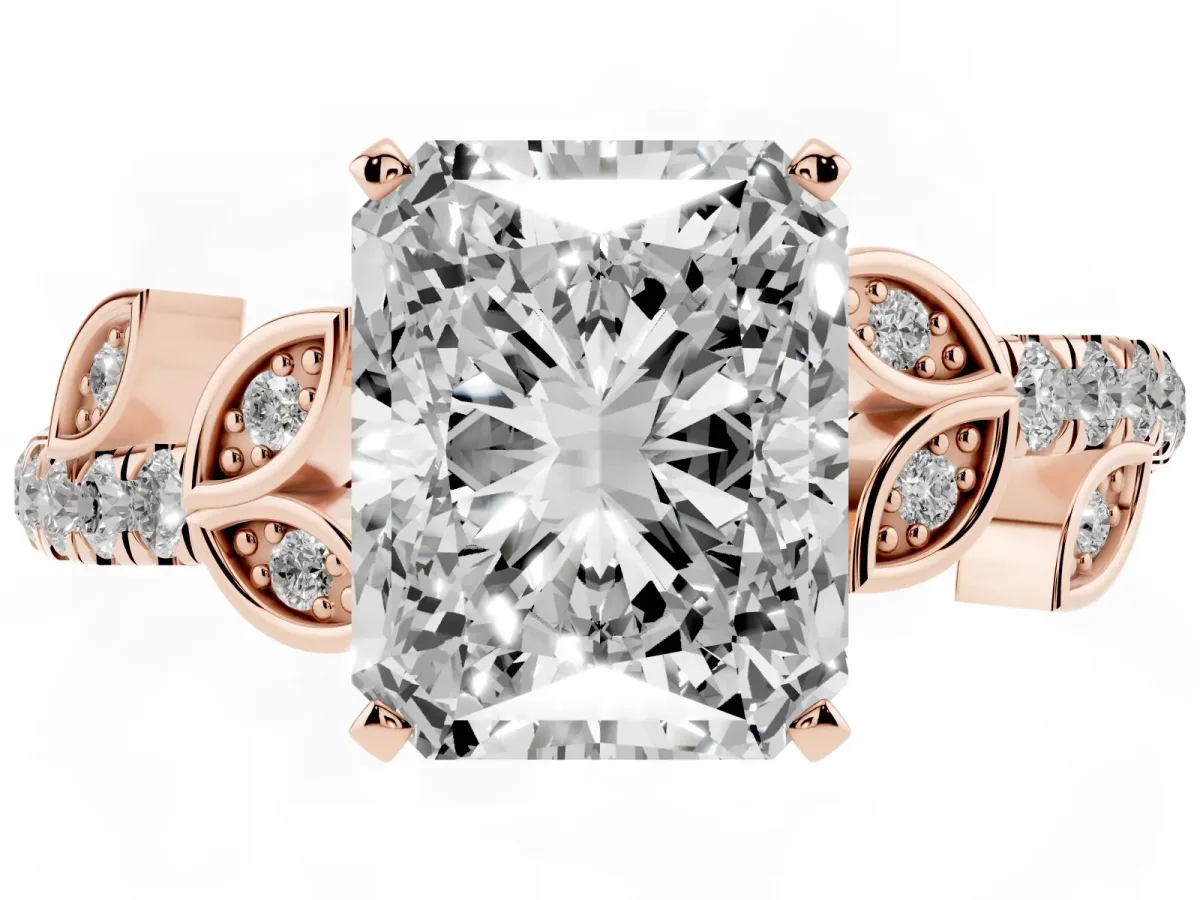 Radiant Cut Solitaire Leaf-Inspired Diamond Ring with Pavé Band and Four-Prong Setting Rose gold