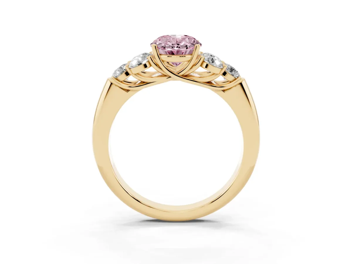 Fancy Pink Oval Cut Cut Diamond Cluster Ring with Round Accent Stones and Prong Setting on a Classic Band Yellow gold
