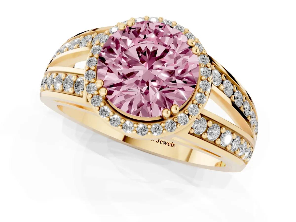 Fancy Pink Round Cut Diamond Halo Ring with Split Shank Pavé Band and Four-Prong Setting Yellow gold