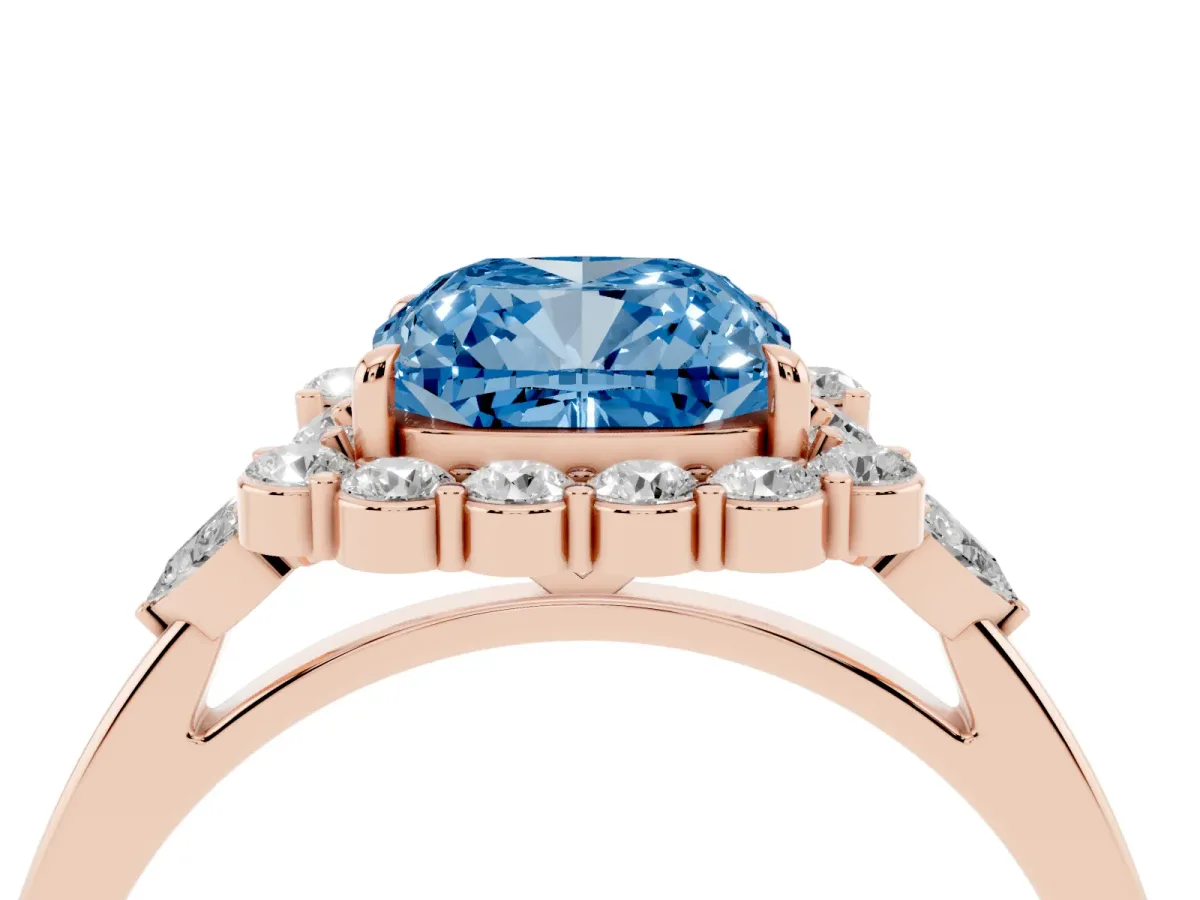 Fancy Blue Cushion Cut Diamond Halo Ring with Pear Side Stones and Prong Setting Rose gold