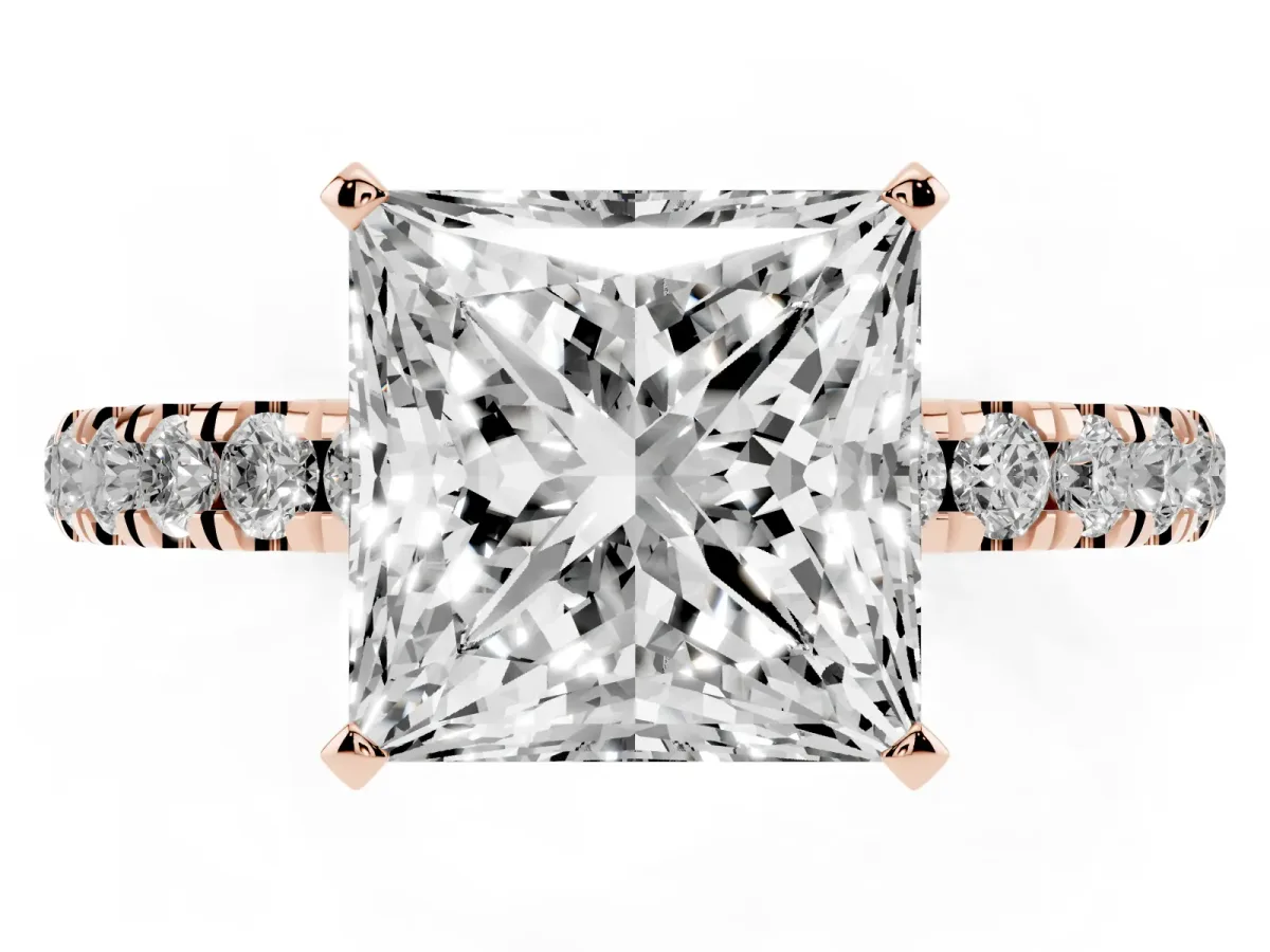 Princess Cut Diamond Solitaire Ring with Pavé Accents and Four-Prong Setting Rose gold