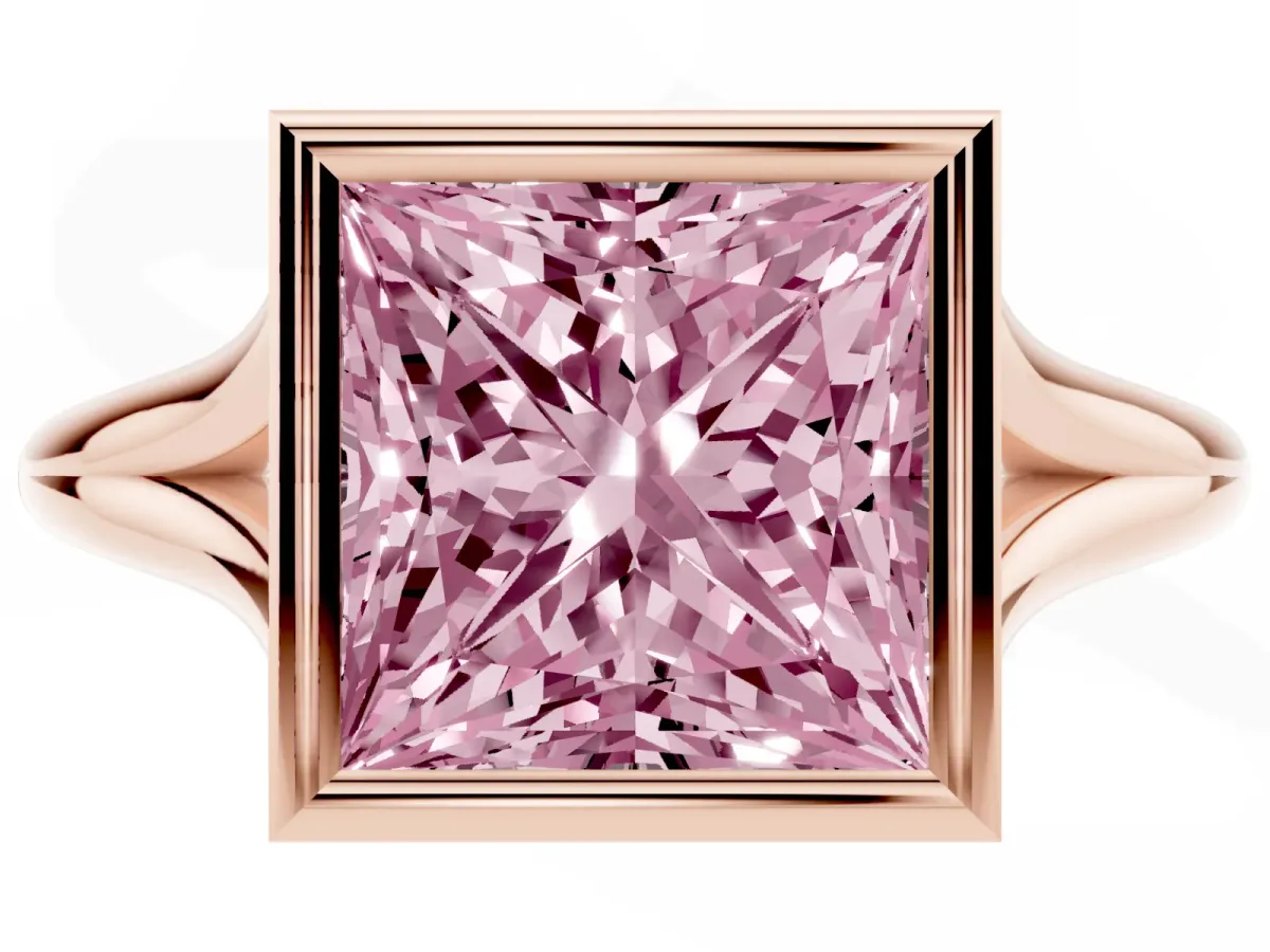 Fancy Pink Bezel Set Princess Cut Cut Solitaire Ring with Tapered Band Rose gold