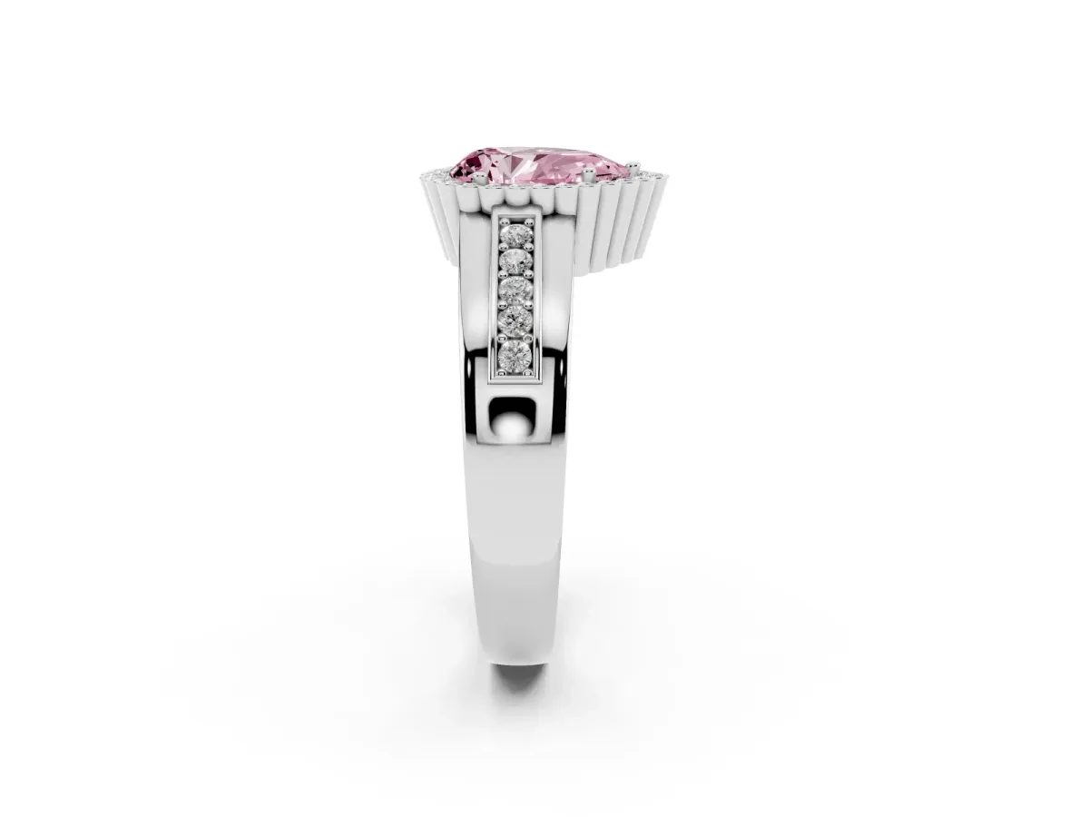 Fancy Pink Pear Cut Cut Halo Pave Band Four-Prong Ring Silver