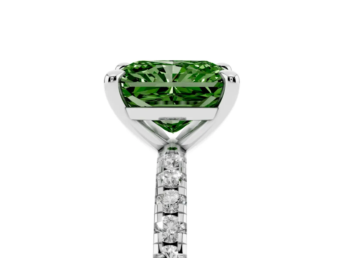 Fancy Green Radiant Cut Diamond Brilliant Solitaire Ring with Pavé Band and Four-Prong Setting Silver