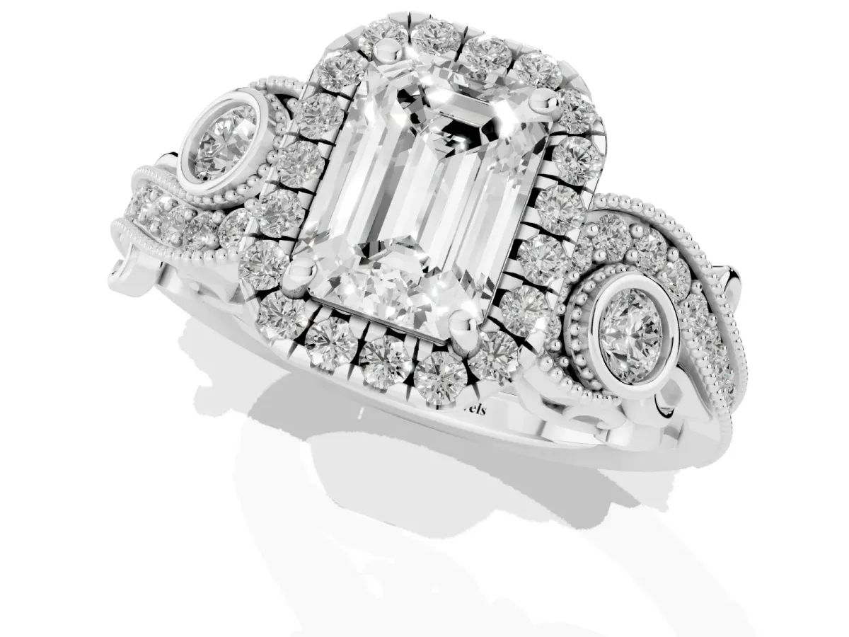 Emerald Cut Halo Diamond Ring with Milgrain and Bezel Accents on a Split Shank Band Silver