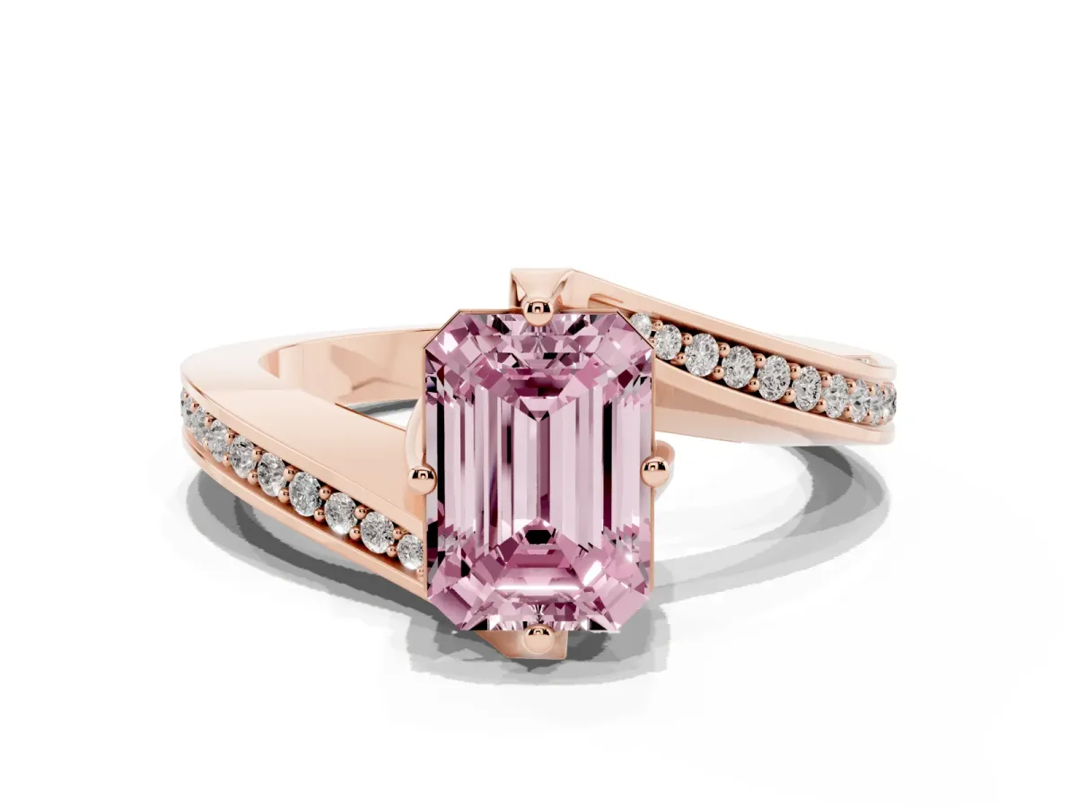 Fancy Pink Emerald Cut Solitaire Diamond Twist Band with Pavé Setting and Four-Prong Setting Rose gold