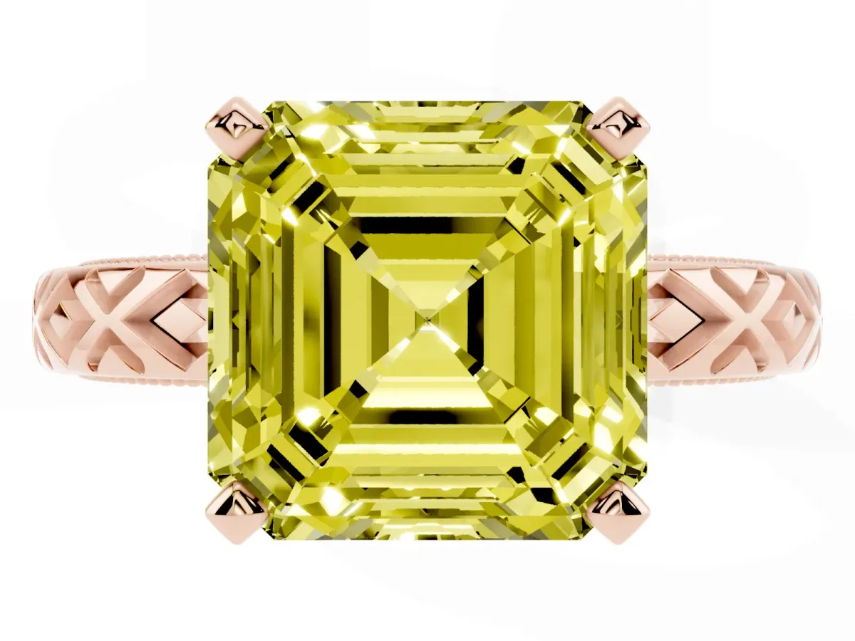 Fancy Yellow Asscher Cut Solitaire Diamond Ring with Milgrain and Black Enamel X Pattern Band Rose gold