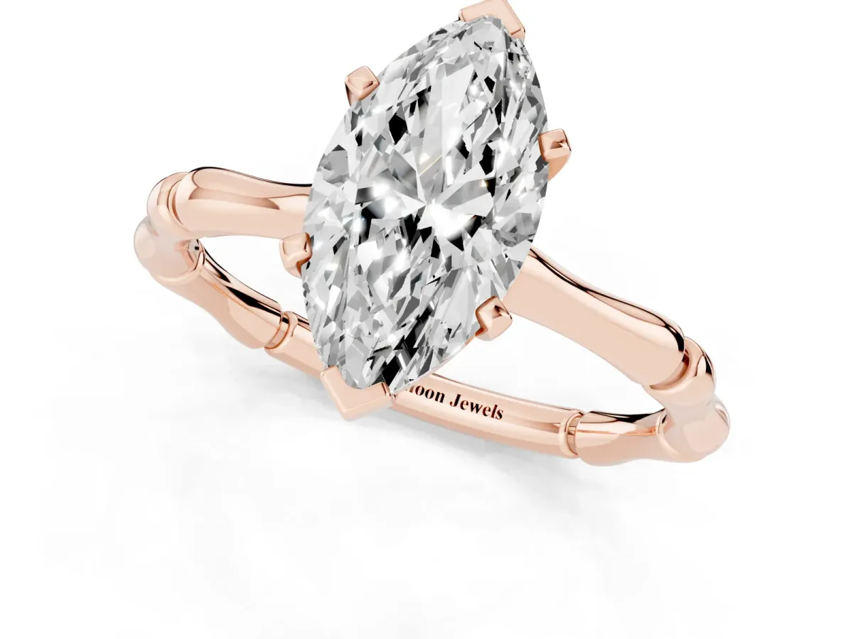Marquise Cut Solitaire Diamond Ring with Bamboo Band and Four-Prong Setting Rose gold