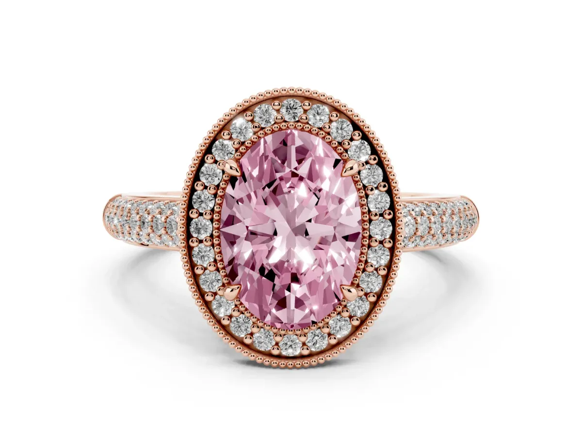 Fancy Pink Oval Cut Cut Halo Diamond Pave Band with Four-Prong Setting Rose gold