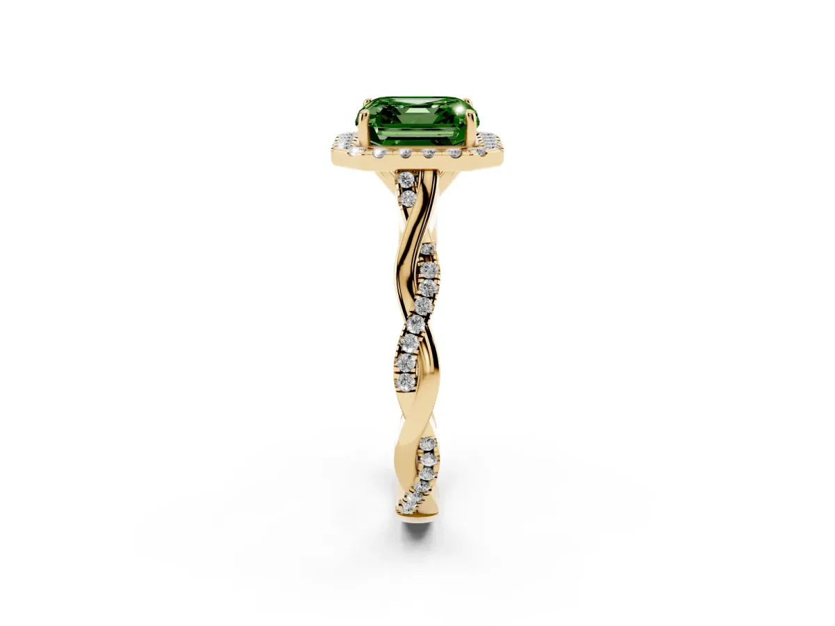 Fancy Green Asscher Cut Halo Twist Band Solitaire Ring Yellow gold