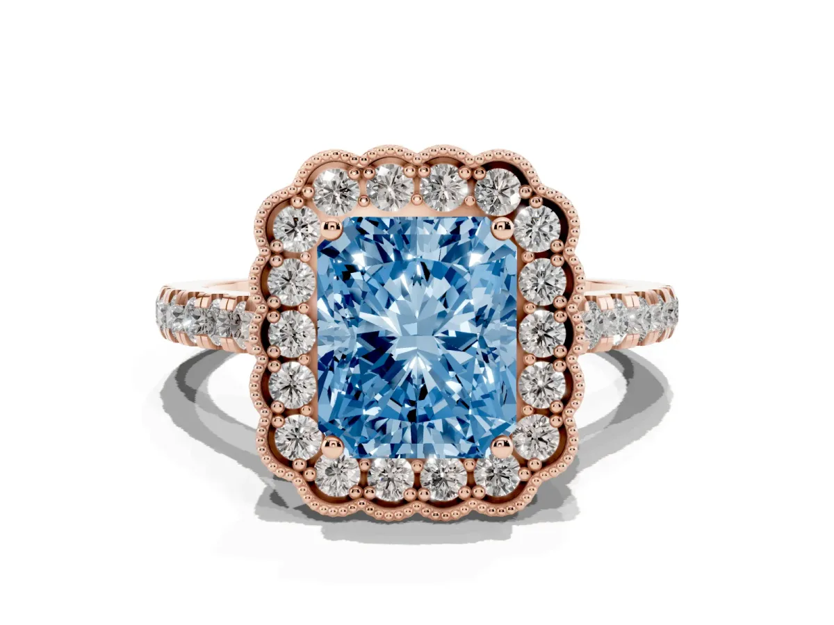 Fancy Blue Radiant Cut Cut Diamond Milgrain Floral Halo Engagement Ring with Pavé Band Rose gold