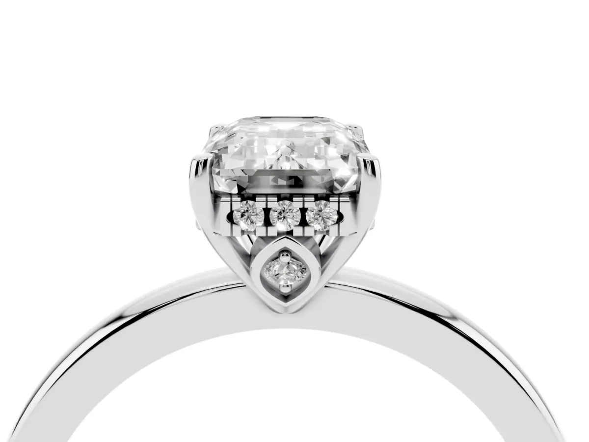 Emerald Cut Solitaire Diamond Ring with Prong Setting and Plain Band Silver