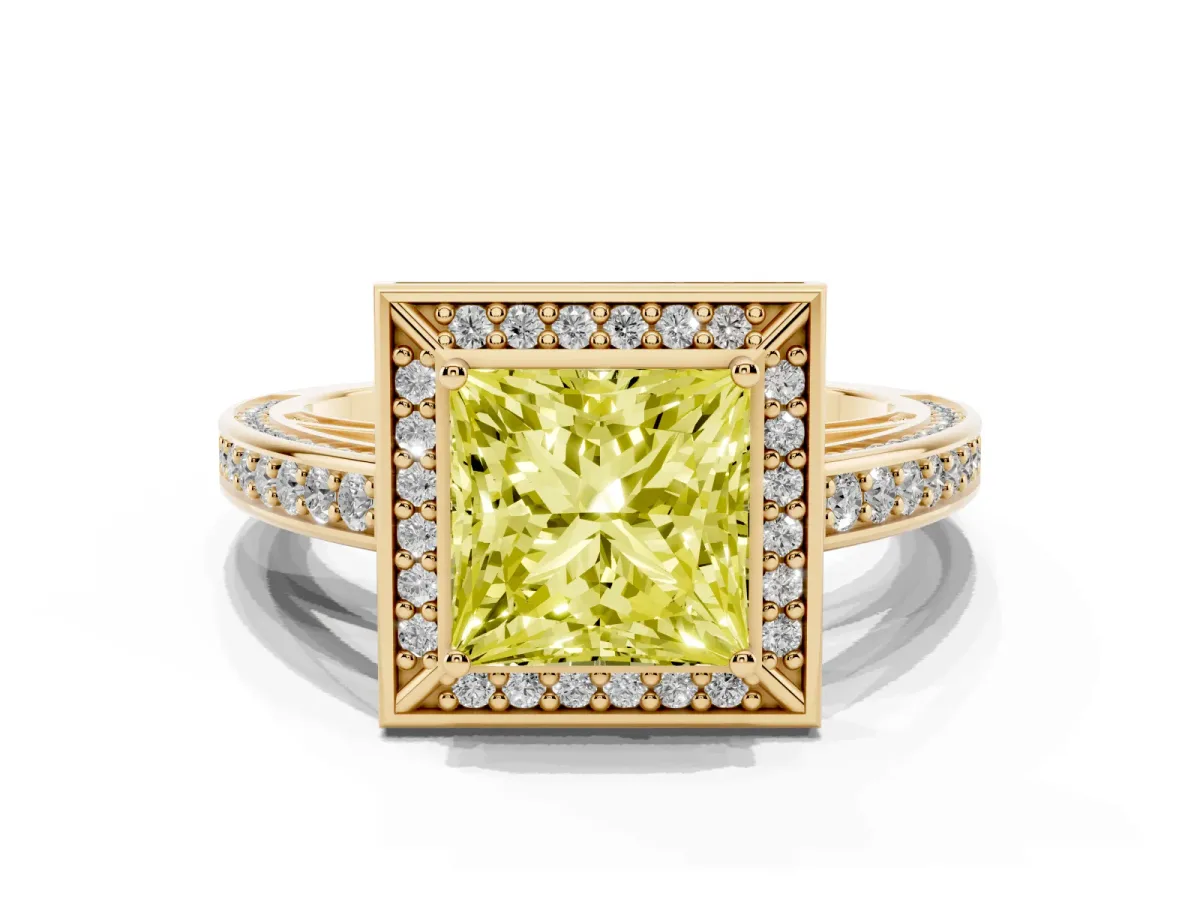 Fancy Yellow Princess Cut Cut Halo Pave Split Shank Prong Setting Ring Yellow gold