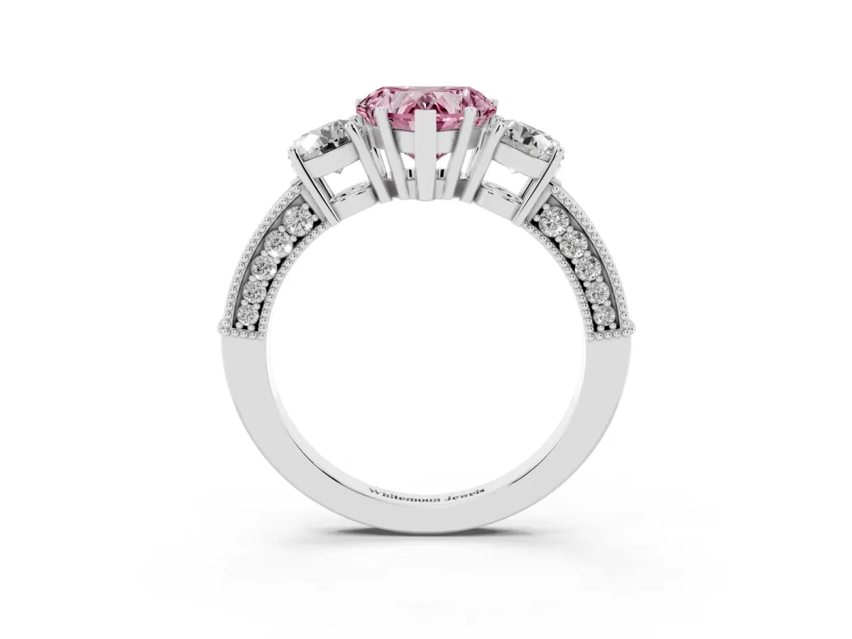 Fancy Pink Heart Cut Three-Stone Diamond Ring with Pavé Band and Four-Prong Setting Silver