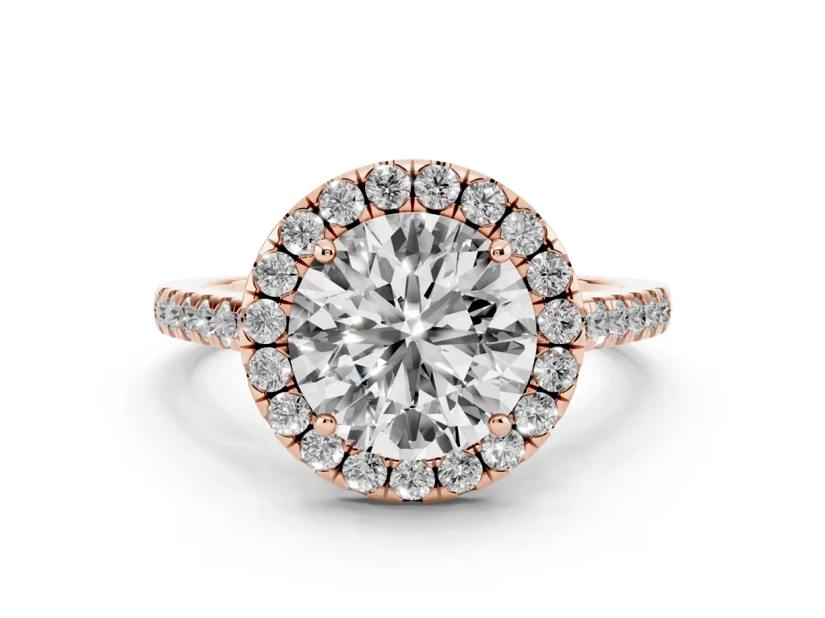 Round Cut Halo Pave Diamond Engagement Ring with Four-Prong Setting Rose gold