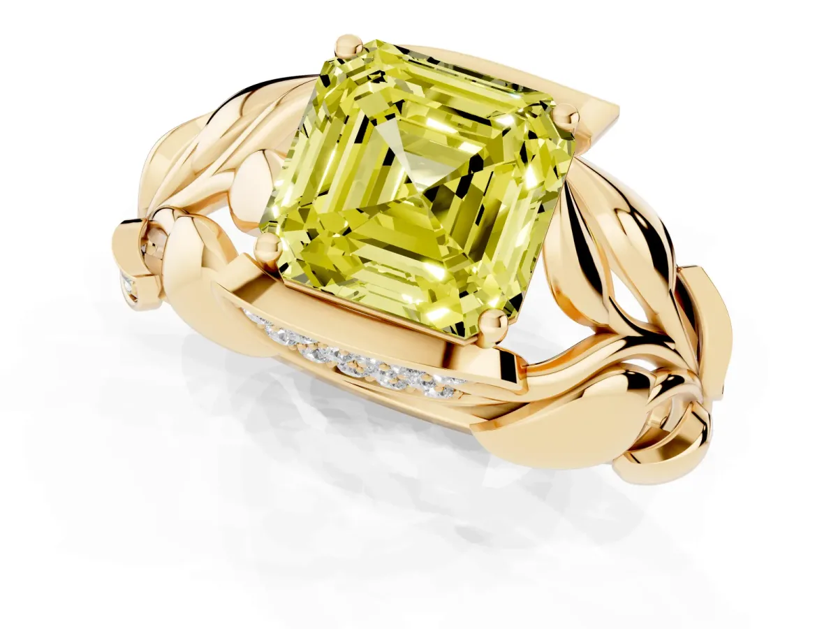 Fancy Yellow Asscher Cut Diamond Leaf-Inspired Engagement Ring with Round Accents and Prong Setting Yellow gold
