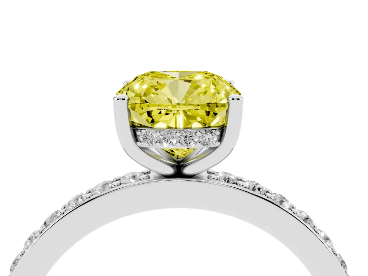 Fancy Yellow Cushion Cut Cut Diamond Pavé Band Ring with Four-Prong Setting Silver