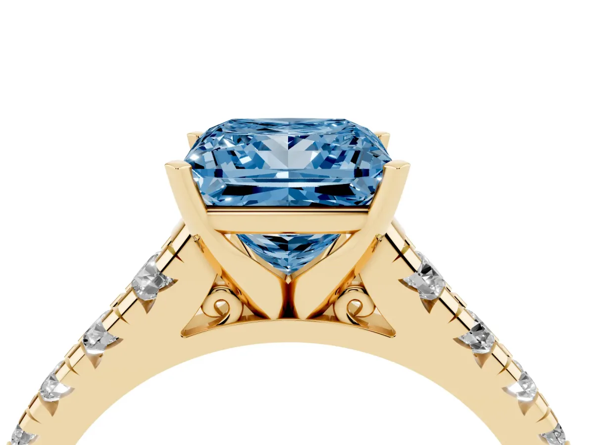 Fancy Blue Princess Cut Diamond Cathedral Solitaire Ring with Round Pavé Band Yellow gold