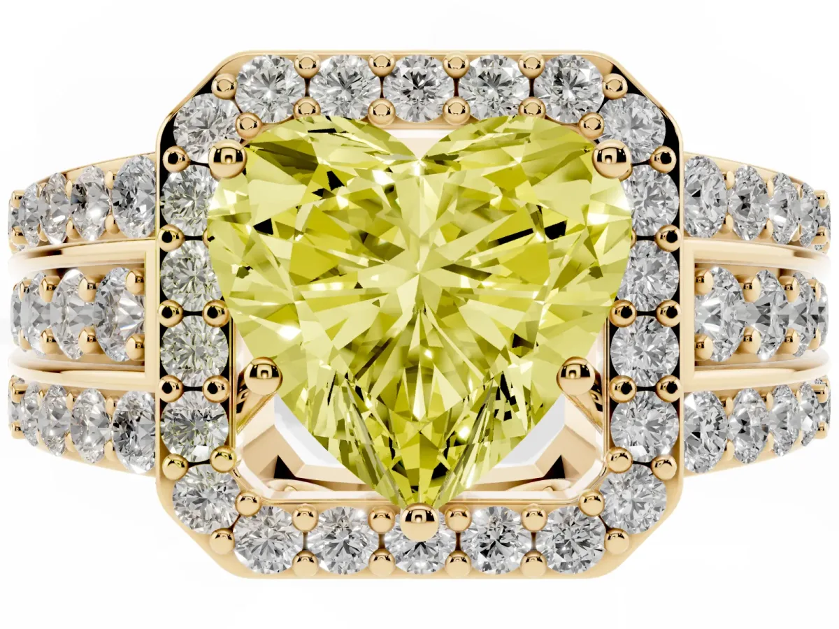 Fancy Yellow Heart Cut Halo Diamond Ring with Round Split Shank and Prong Setting Yellow gold