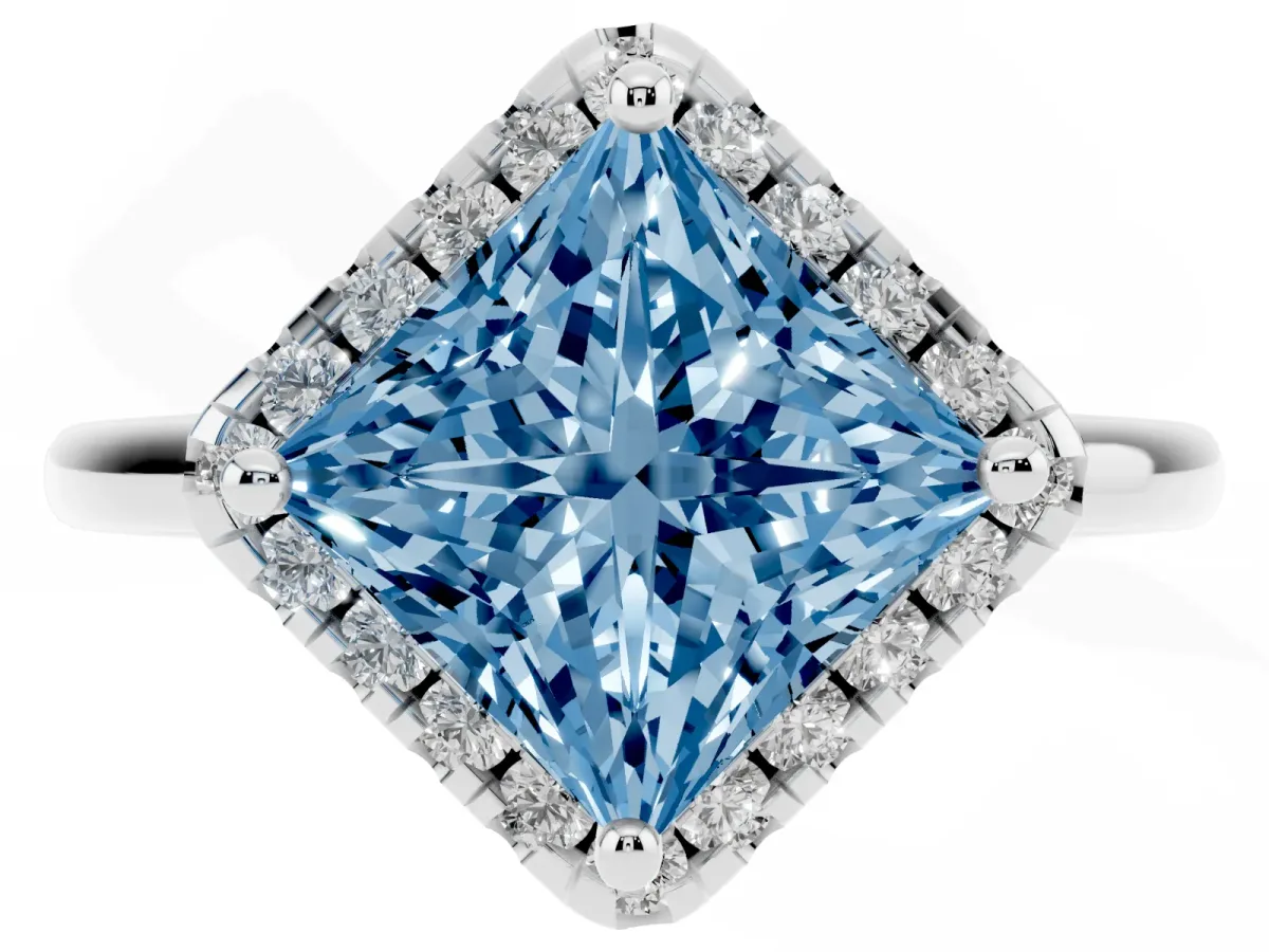 Fancy Blue Princess Cut Halo Round Diamond Solitaire Engagement Ring with Pave Band and Four-Prong Setting White gold