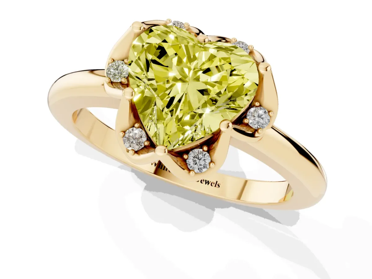 Fancy Yellow Heart Cut Halo Diamond Ring with Round Cluster Setting, Solitaire Band, and Four-Prong Setting Yellow gold