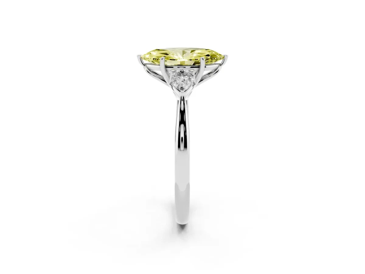 Fancy Yellow Marquise Cut Diamond Three-Stone Ring with Pear Side Stones and Prong Setting Silver