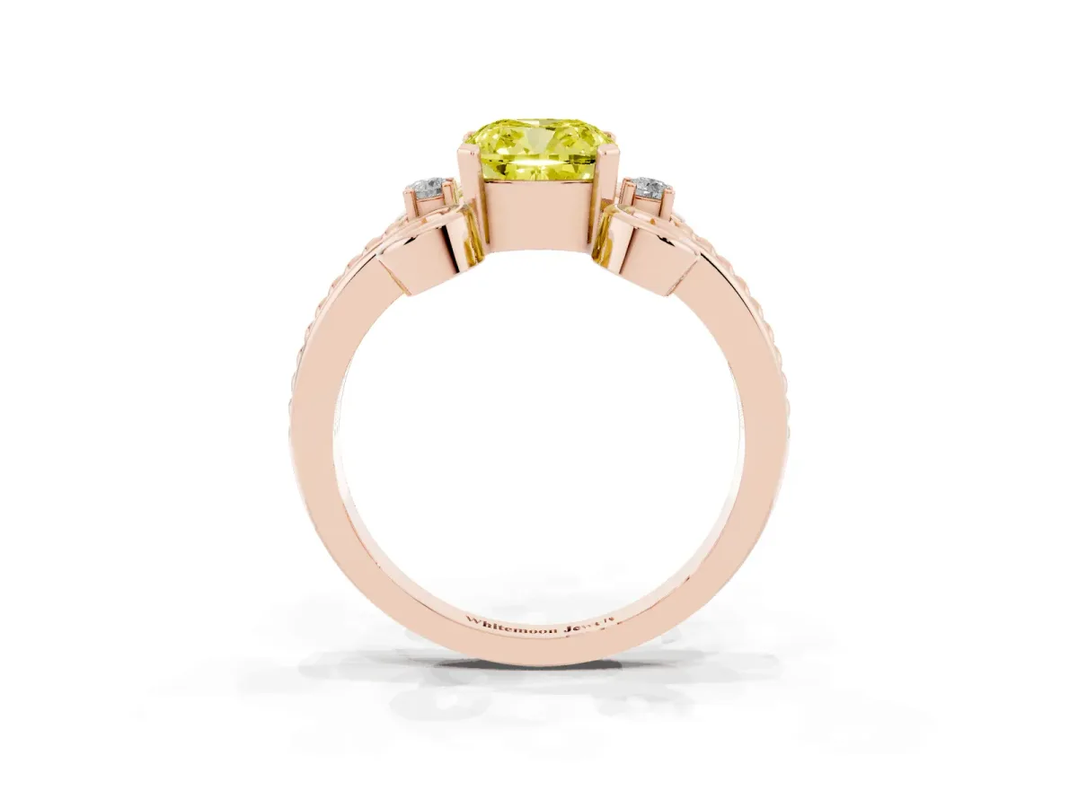 Fancy Yellow Cushion Cut Solitaire Twisted Band Scroll Prong Ring Rose gold