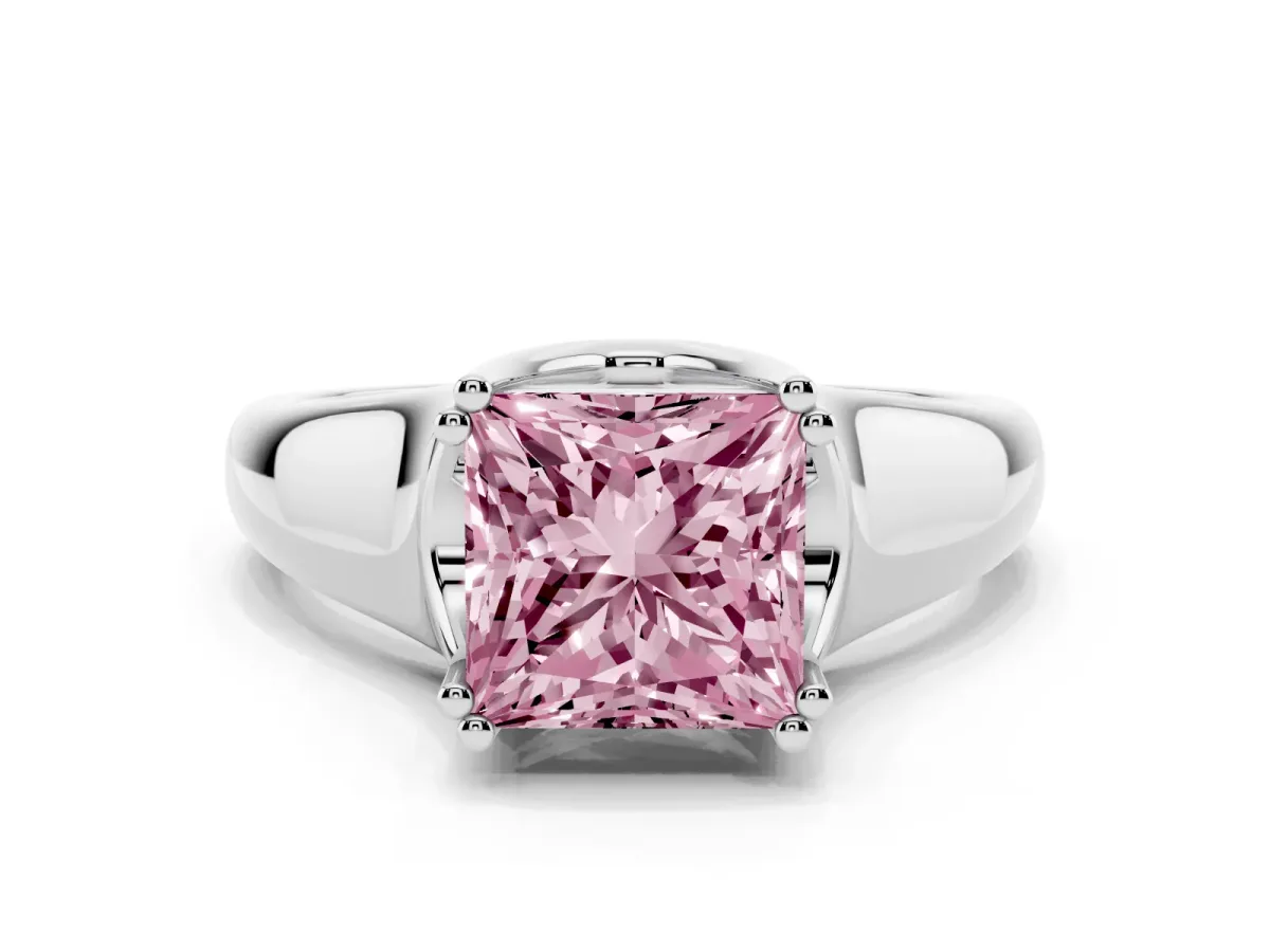 Fancy Pink Princess Cut Diamond Solitaire Ring with Wide Band and Prong Setting Silver