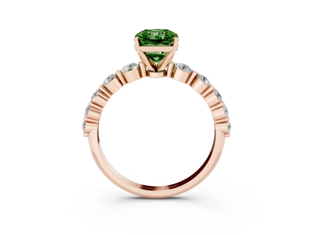 Fancy Green Radiant Cut Solitaire Diamond Ring with Pave Band and Four-Prong Setting Rose gold