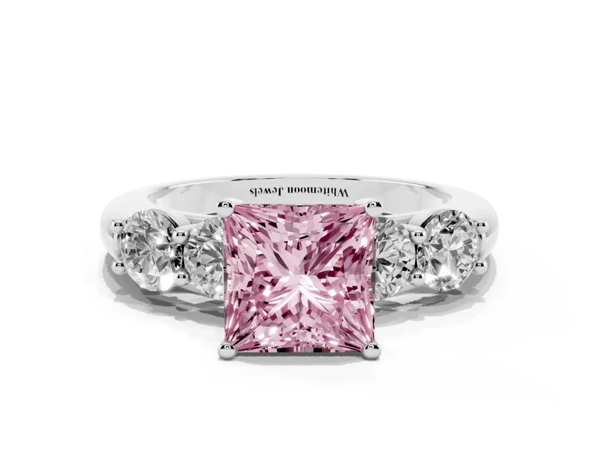 Fancy Pink Princess Cut Cut Five-Stone Prong Set Diamond Ring with Classic Band Silver