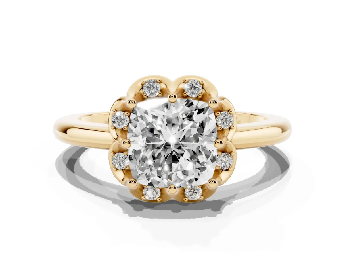 Cushion Cut Halo Diamond Ring with Round Cluster Setting, Solitaire Band, and Four-Prong Setting Yellow gold
