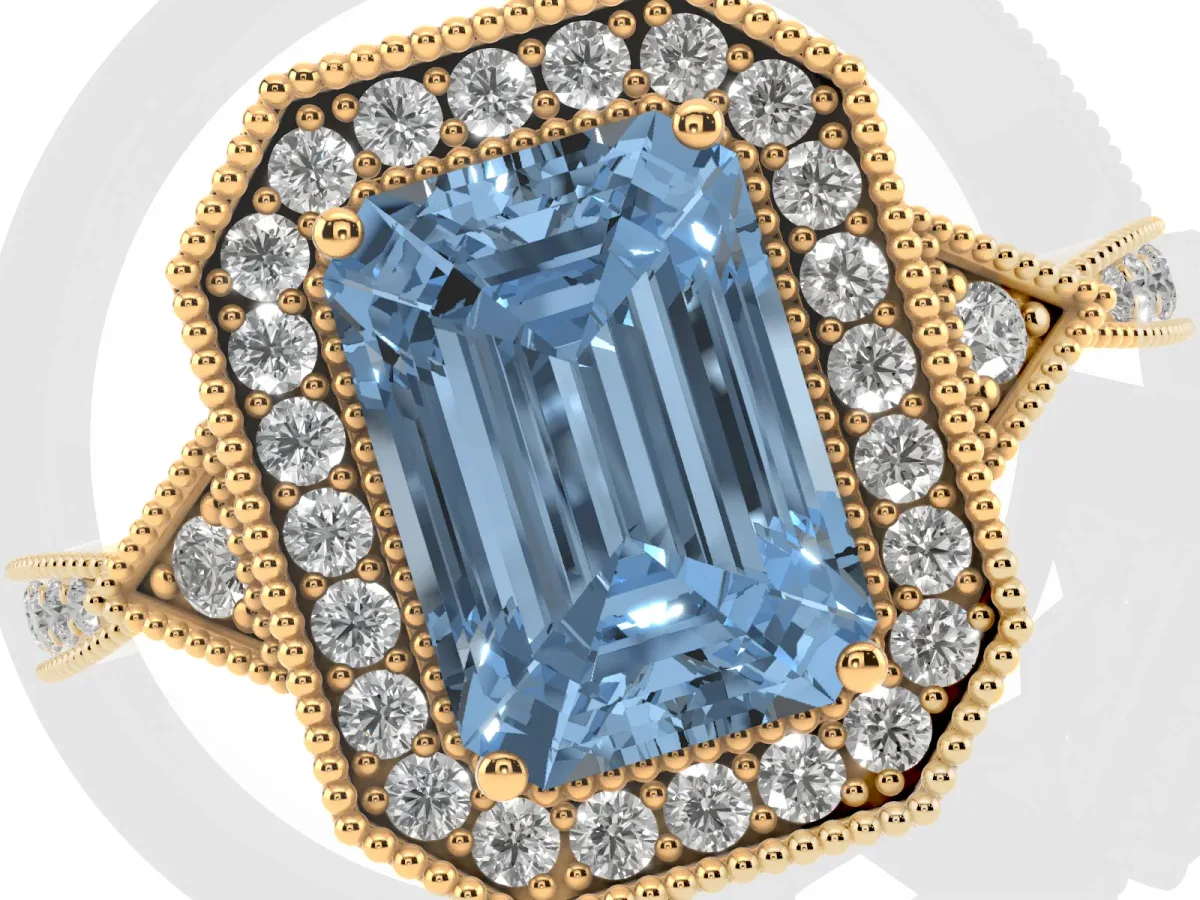 Fancy Blue Emerald Cut Halo Round Diamond Milgrain Pave Engagement Ring Yellow gold