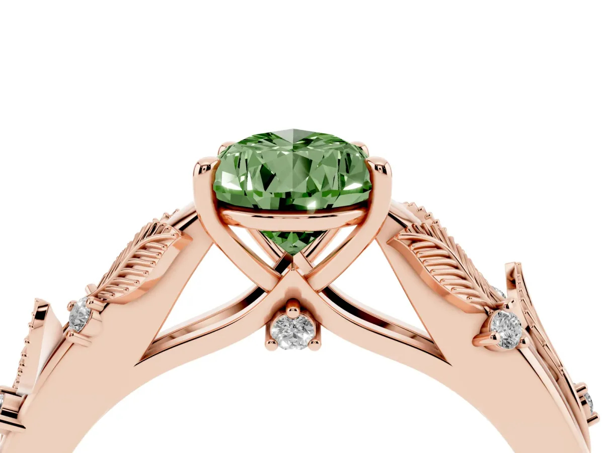 Fancy Green Pear Cut Diamond Solitaire Ring with Leaf Motif Band and Four-Prong Setting Rose gold