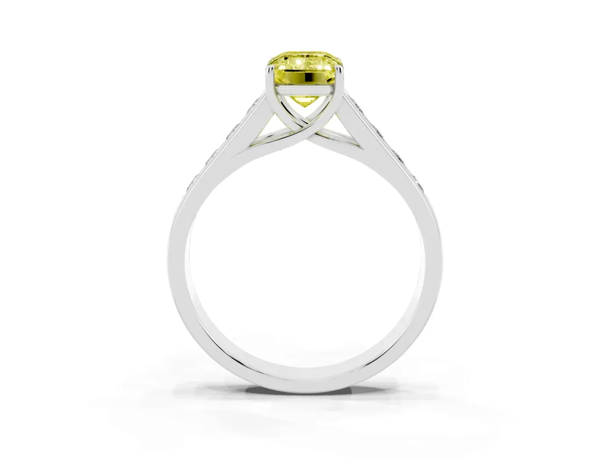 Fancy Yellow Emerald Cut Brilliant Channel-Set Solitaire Ring with Four-Prong Setting White gold
