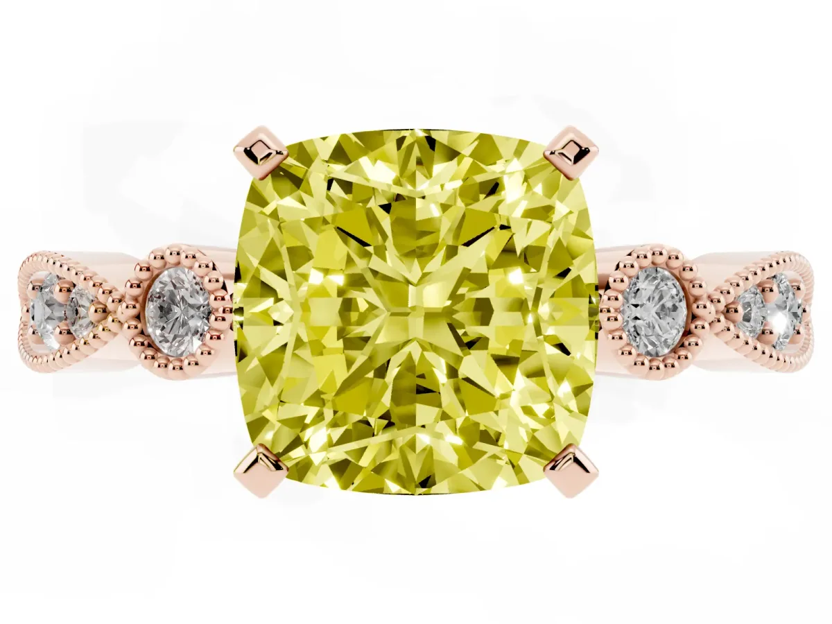 Fancy Yellow Cushion Cut Milgrain Bezel Diamond Engagement Ring with Solitaire Prong Setting Rose gold
