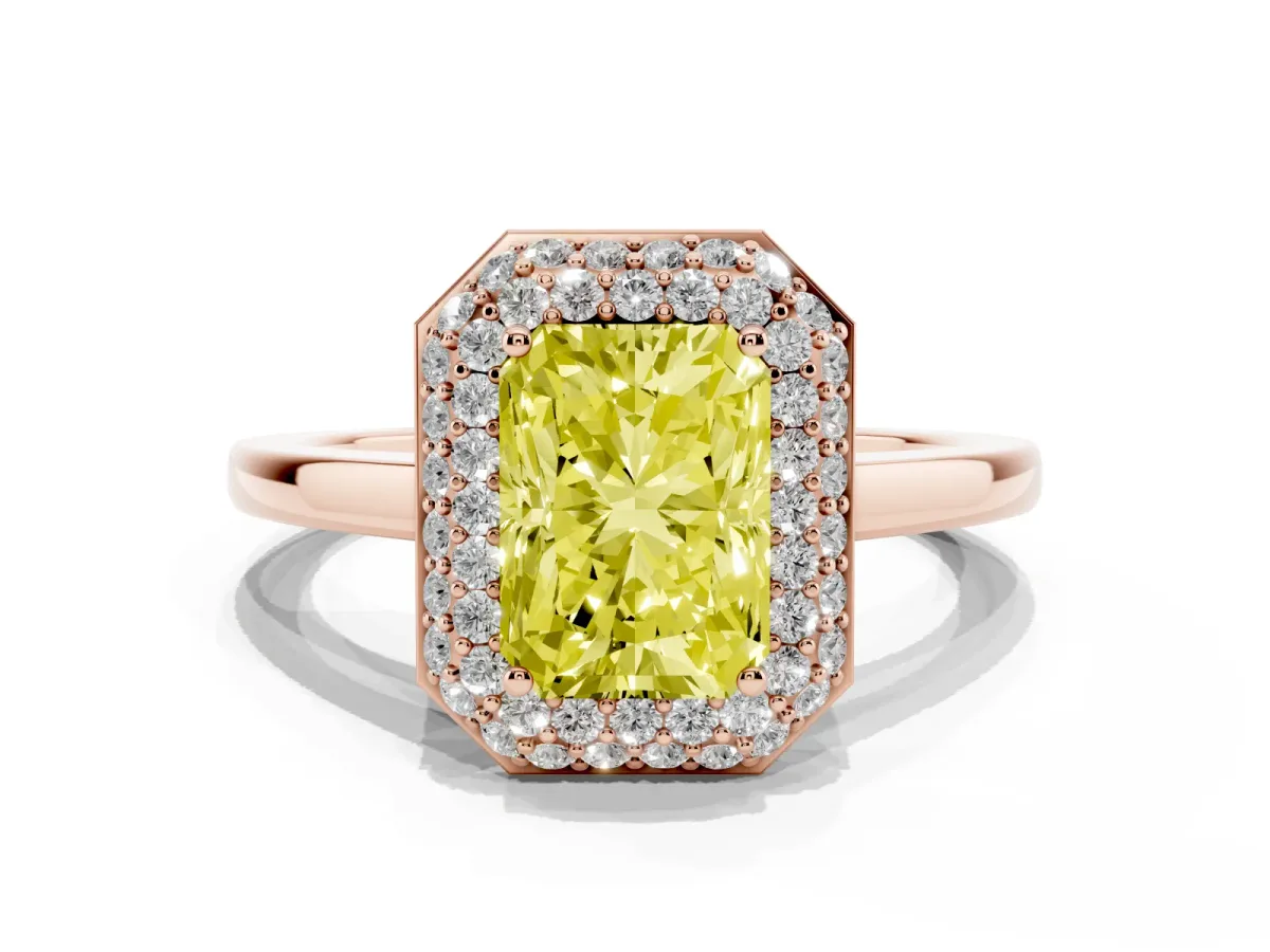 Fancy Yellow Radiant Cut Halo Diamond Engagement Ring with Solitaire Band and Four-Prong Setting Rose gold