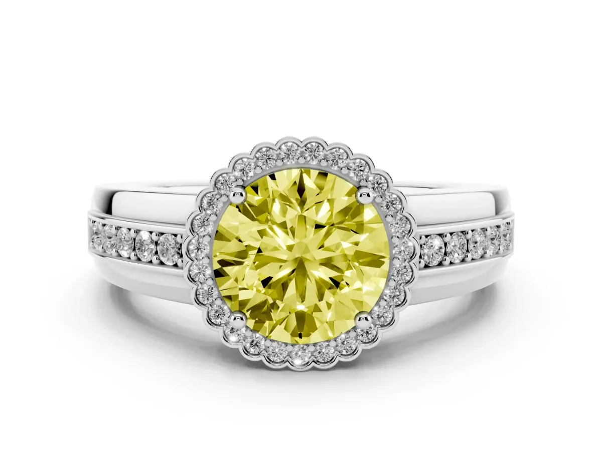 Fancy Yellow Round Cut Cut Halo Pave Band Four-Prong Ring Platinum