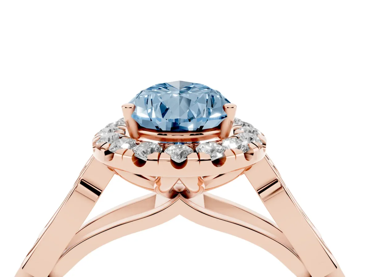 Fancy Blue Pear Cut Halo Diamond Engagement Ring with Filigree Band and Four-Prong Setting Rose gold