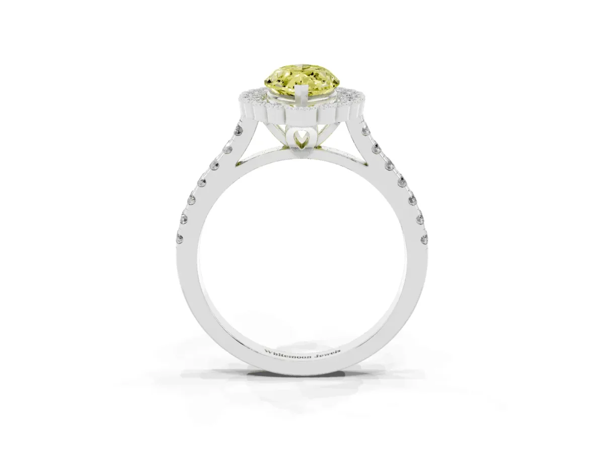 Fancy Yellow Marquise Cut Cut Diamond Milgrain Floral Halo Engagement Ring with Pavé Band White gold
