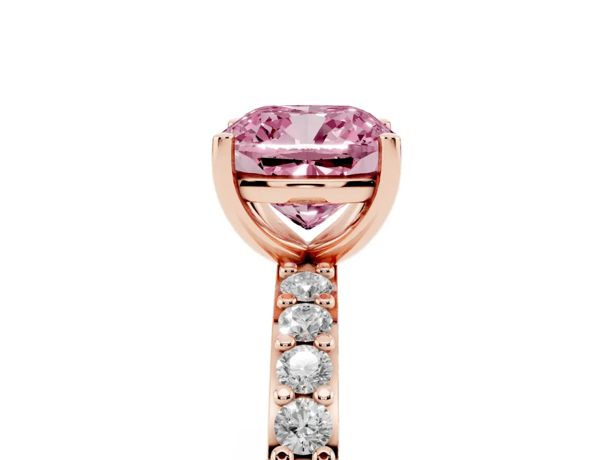 Fancy Pink Cushion Cut Cut Diamond Solitaire with Pave Band and Four-Prong Setting Rose gold
