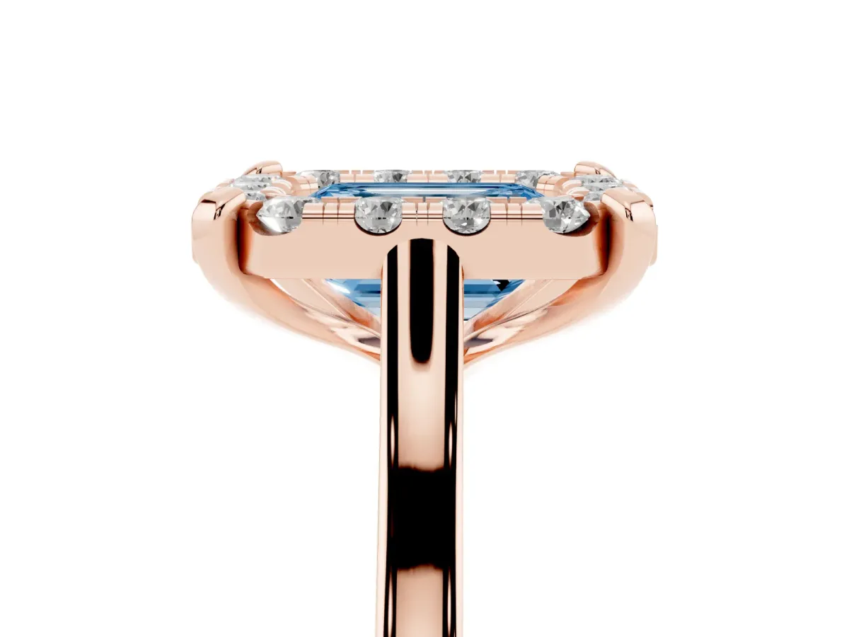 Fancy Blue Emerald Cut Diamond Cluster Halo Solitaire with Four-Prong Setting Rose gold
