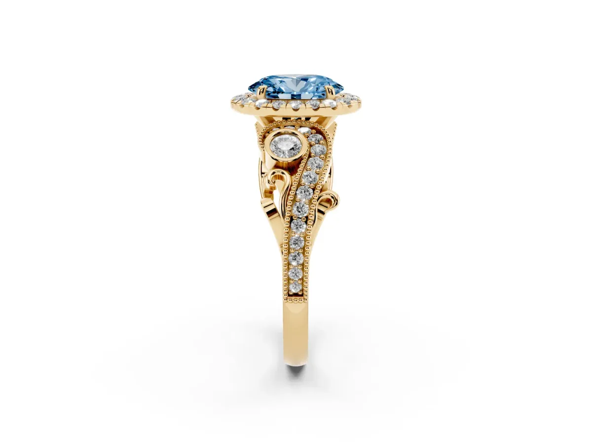 Fancy Blue Oval Cut Diamond Halo Ring with Milgrain Pavé Band and Four-Prong Setting Yellow gold