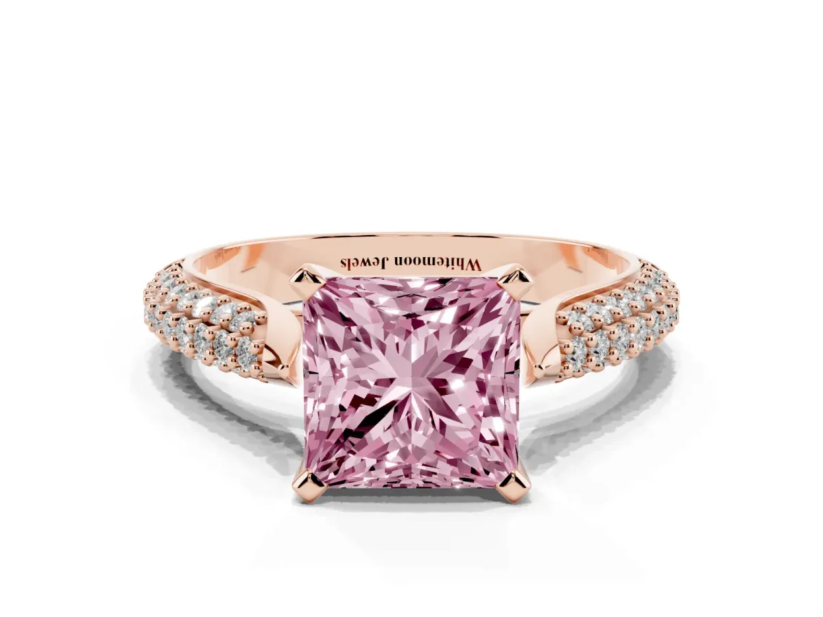 Fancy Pink Princess Cut Diamond Solitaire Engagement Ring with Multi-Row Round Pavé Band and Prong Setting Rose gold