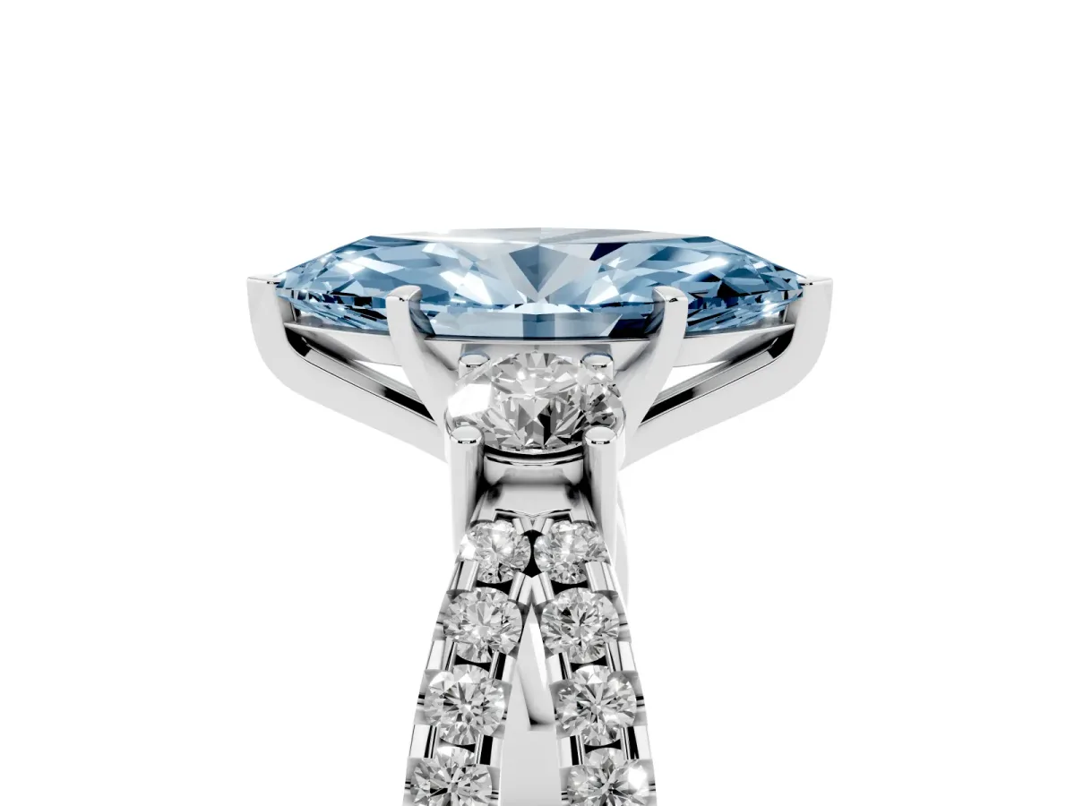 Fancy Blue Marquise Cut Diamond Three-Stone Ring with Pavé Split Shank and Four-Prong Setting White gold