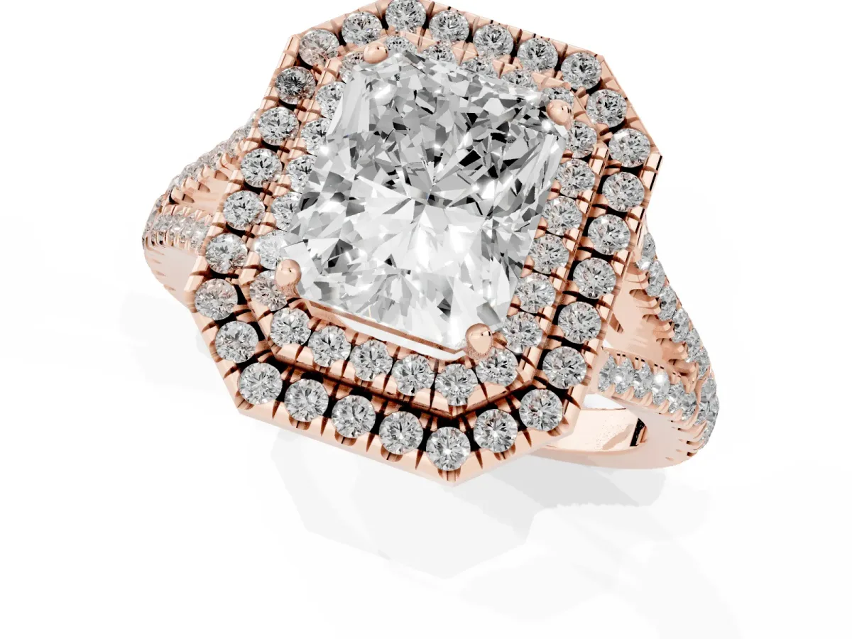 Radiant Cut Diamond Double Halo Ring with Pavé Band and Prong Setting Rose gold